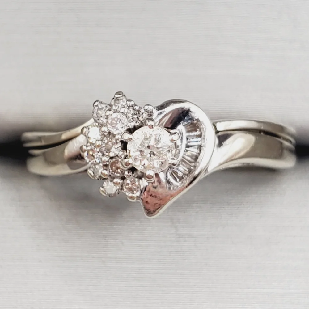 10k Solid White Gold Genuine Round & Baguette Diamond Heart Wedding Ring Set